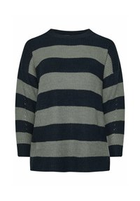 Randig tröja i mörkgrön och marinblå. Stickat tyg med lös passform och långa ärmar, med breda horisontella ränder och ribbad halsringning.