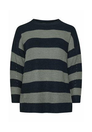 Gestreepte trui in donkergroen en marineblauw. Gebreide stof met een losse pasvorm en lange mouwen, voorzien van brede horizontale strepen en een ribgebreide halslijn.