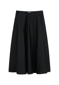 Jupe noire, longueur genoux avec une silhouette évasée. Fabriquée en tissu lisse et léger. Comprend une taille plate et aucune fermeture visible.