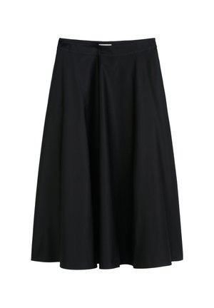 Gonna nera, sopra il ginocchio, con una silhouette svasata. Realizzata in tessuto liscio e leggero. Presenta una vita piatta e senza chiusure visibili.