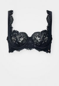 Svart blonde-BH med blomstermønster, underwire-støtte, brede blonde stropper og en jevn kant. Delikat tekstur med bølgete kanter.