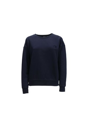 Felpa blu navy con maniche lunghe, collo a giro, tessuto a trama e un piccolo logo ricamato sul petto. Orlo dritto.