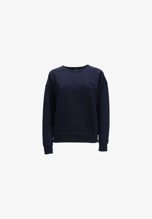 Felpa blu navy con maniche lunghe, collo a giro, tessuto a trama e un piccolo logo ricamato sul petto. Orlo dritto.