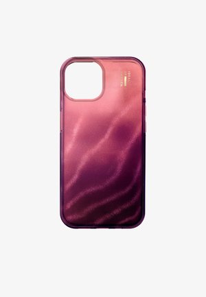 Purple gradient mobile phone case featuring a wavy texture, matte finish, and cutouts for camera and buttons. Logo in fine print.