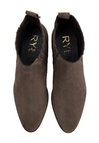 Brown suede ankle boots with a smooth texture, pointed toe, elastic side panels, and a subtle logo on the insole.