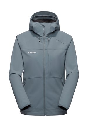 Giacca softshell grigia con cappuccio, dotata di zip frontale, cordini regolabili e accenti neri sui polsini e nell'area della zip.