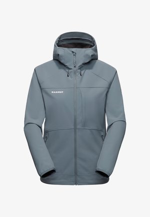 Giacca softshell grigia con cappuccio, dotata di zip frontale, cordini regolabili e accenti neri sui polsini e nell'area della zip.