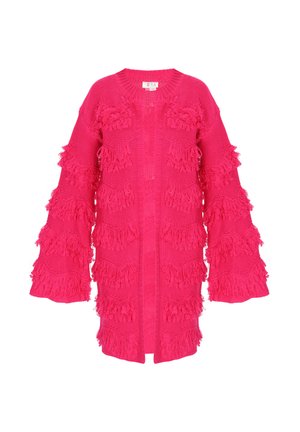 Roze gebreide cardigan met franjerand langs de mouwen en het lichaam. Heeft een ontspannen pasvorm en een open voorkant ontwerp.
