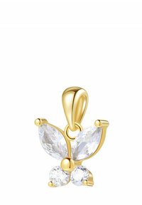 Ciondolo a forma di farfalla in oro con due pietre preziose a forma di pera e due pietre rotonde chiare, dotato di superfici lucide e accenti arrotondati.