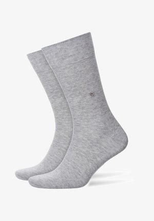 Gray cotton socks with a smooth texture, ribbed cuff, and a small logo detail near the ankle, featuring a rounded toe design.