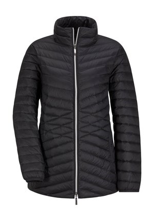Zwarte gewatteerde jas met hoge kraag, ritssluiting aan de voorkant en lange mouwen. Geconstrueerd met diagonale opvulling voor isolatie.