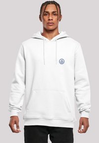 White hoodie made of soft fabric, featuring a kangaroo pocket, adjustable drawstrings, and a small blue logo on the left chest.
