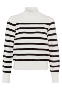 Pull rayé noir et blanc avec un col montant côtelé, des bords festonnés et des manches longues. Tissu tricoté à la texture douce.