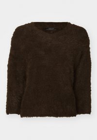Brauner, flauschiger Pullover mit V-Ausschnitt, langen Ärmeln und strukturiertem Stoff. Der Saum ist gerade und leicht oversized. Keine sichtbaren Beschläge.