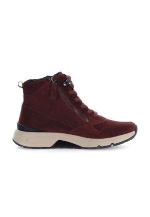 High-top burgundy suede sneaker with a textured finish, contrasting beige sole, side zipper, and traditional lace-up closure.