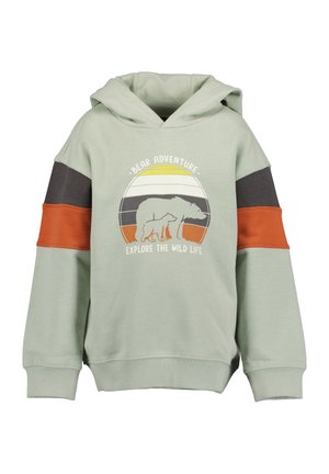 Jasnozielona bluza z kapturem z pomarańczowymi i ciemnoszarymi paskami na rękawach, z grafiką niedźwiedzia i napisem "Bear Adventure Explore The Wild Life."