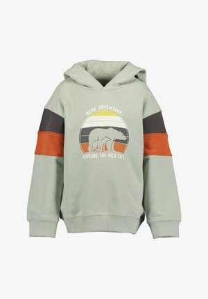 Jasnozielona bluza z kapturem z pomarańczowymi i ciemnoszarymi paskami na rękawach, z grafiką niedźwiedzia i napisem "Bear Adventure Explore The Wild Life."