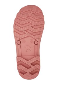 Semelle en caoutchouc rose avec un motif de semelle en zigzag, présentant des indentations circulaires et des détails en relief, y compris une petite icône de parapluie.