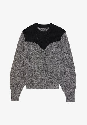 Matu adījums melnā un pelēkā krāsā. Iezīmēts ar faktūrētu melnu yoku un v-veida dizainu. Garas piedurknes ar ribotām aprocēm; maiga, masīva faktūra.