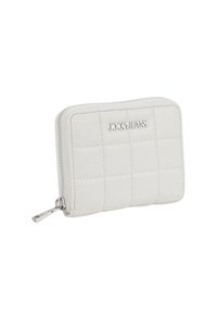 Portafoglio bianco trapuntato realizzato in materiale sintetico, con logo argentato e chiusura con zip dotata di dettagli argentati.