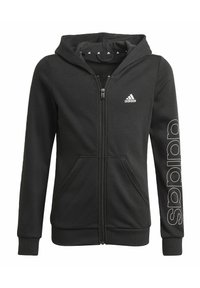 Felpa con zip nera, con cappuccio, realizzata in materiale morbido, dotata di tasche frontali e del logo Adidas in bianco sul petto e sulla manica.