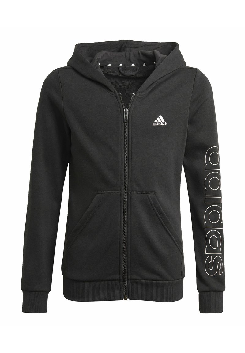 Felpa con zip nera, con cappuccio, realizzata in materiale morbido, dotata di tasche frontali e del logo Adidas in bianco sul petto e sulla manica.