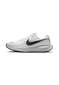 Zapatilla de running Nike en malla blanca con un swoosh negro, con una suela acolchada y parte superior texturizada para transpirabilidad y flexibilidad.