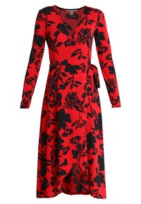 Röd blommig klänning med v-ringning, långa ärmar och knyt i midjan. Tyget har en slät textur med svarta blommönster.