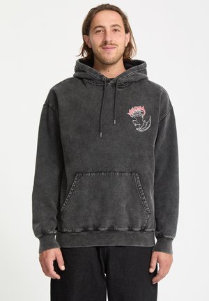 Pullover hoodie in dark gray with a front pocket, adjustable drawstrings, and graphic logo detailing in white and red on the chest.