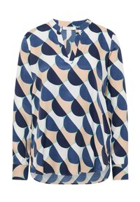 Langärmlige Bluse aus weichem Material mit einem geometrischen Muster aus marineblauen, hellrosa und türkisfarbenen Formen sowie einem tiefen Halsausschnitt.