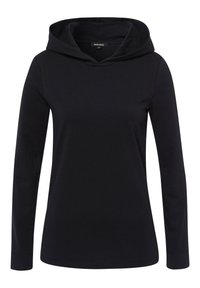 Sweatshirt à capuche noire à manches longues fait de tissu doux. Présente un design simple avec une coupe décontractée et sans motifs ni accents visibles.
