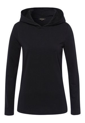 Sweatshirt à capuche noire à manches longues fait de tissu doux. Présente un design simple avec une coupe décontractée et sans motifs ni accents visibles.