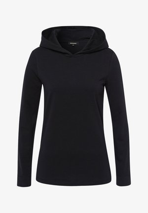 Zwarte capuchontrui met lange mouwen, gemaakt van zacht materiaal. Heeft een eenvoudig ontwerp met een ontspannen pasvorm en geen zichtbare patronen of accenten.