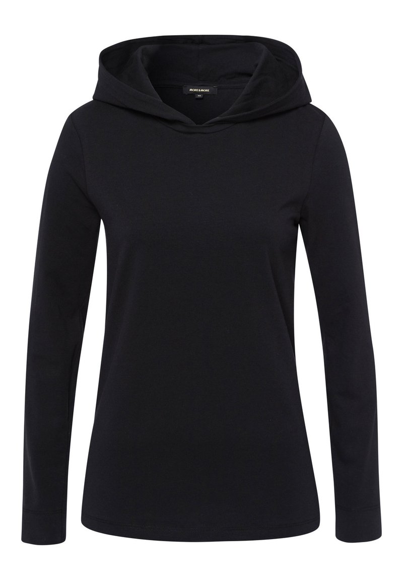 Sweatshirt à capuche noire à manches longues fait de tissu doux. Présente un design simple avec une coupe décontractée et sans motifs ni accents visibles.
