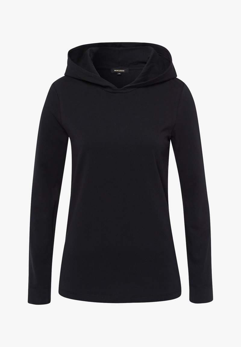 Schwarzer Kapuzenpullover mit langen Ärmeln aus weichem Stoff. Verfügt über ein schlichtes Design mit lockerer Passform und ohne sichtbare Muster oder Akzente.