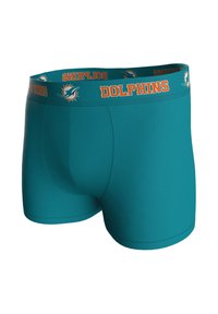 Tyrkysové boxerky s elastickým pasem, na kterém je nápis "DOLPHINS" a oranžové logo. Hladká textura a padnoucí střih pro pohodlí.