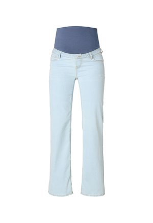 Light blue maternity jeans with a dark blue stretchy waistband, designed for belly support and comfort during pregnancy.