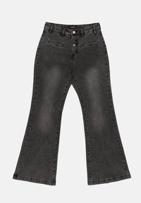 Black denim flared jeans with a high waistband, five pockets, and a button-up front. Features a faded finish and stitched detailing.