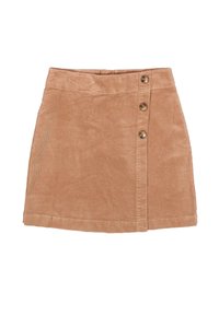 Lichtbruine corduroy rok met een knoopsluiting aan de voorkant, voorzien van drie grote knopen en een getailleerde pasvorm. Zachte textuur en duidelijke ribbels.