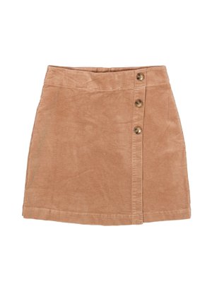 Lichtbruine corduroy rok met een knoopsluiting aan de voorkant, voorzien van drie grote knopen en een getailleerde pasvorm. Zachte textuur en duidelijke ribbels.