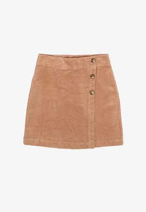 Lichtbruine corduroy rok met een knoopsluiting aan de voorkant, voorzien van drie grote knopen en een getailleerde pasvorm. Zachte textuur en duidelijke ribbels.