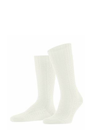 White knitted socks with a textured pattern, featuring ribbed cuffs and reinforced toe and heel areas for durability.