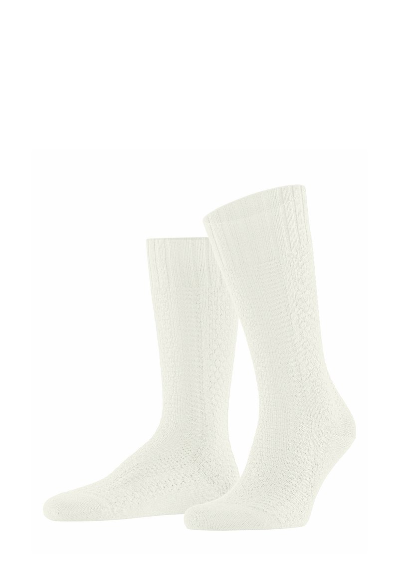 Weiße gestrickte Socken mit einem strukturierten Muster, ausgestattet mit gerippten Bündchen und verstärkten Zehen- und Fersenbereichen für Langlebigkeit.