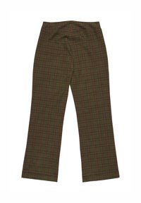 Pantalons à carreaux bruns avec une coupe large, présentant une texture douce et une taille élastique, soulignée de motifs en vert et bourgogne.