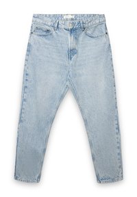 Jeans in denim azzurro chiaro con taglio a gamba dritta, cuciture robuste, design a cinque tasche e chiusura con bottone in vita.