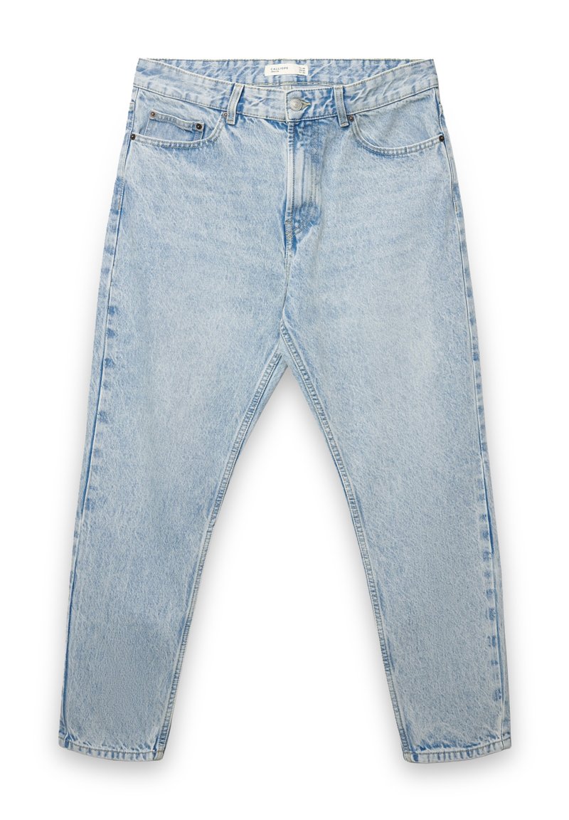 Jeans in denim azzurro chiaro con taglio a gamba dritta, cuciture robuste, design a cinque tasche e chiusura con bottone in vita.