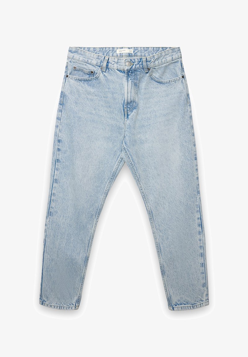 Jeans in denim azzurro chiaro con taglio a gamba dritta, cuciture robuste, design a cinque tasche e chiusura con bottone in vita.