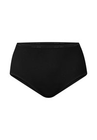 Biancheria intima nera senza cuciture a vita alta con una fascia stretta che presenta un sottile marchio "nur die", mostrata su uno sfondo bianco.