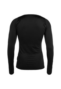Zwarte langemouwen shirt gemaakt van rekbare stof. Heeft een ronde halslijn en een gladde textuur, ontworpen voor een strakke pasvorm.