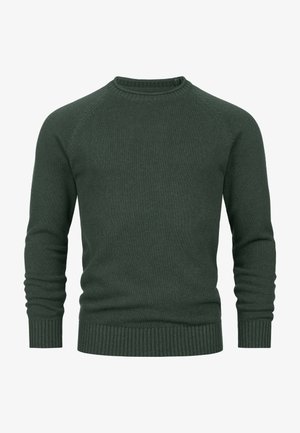 Maglione a collo rotondo di colore verde scuro, realizzato in maglia a coste, dotato di maniche lunghe, cuciture delle spalle a raglan e un tessuto texturizzato.